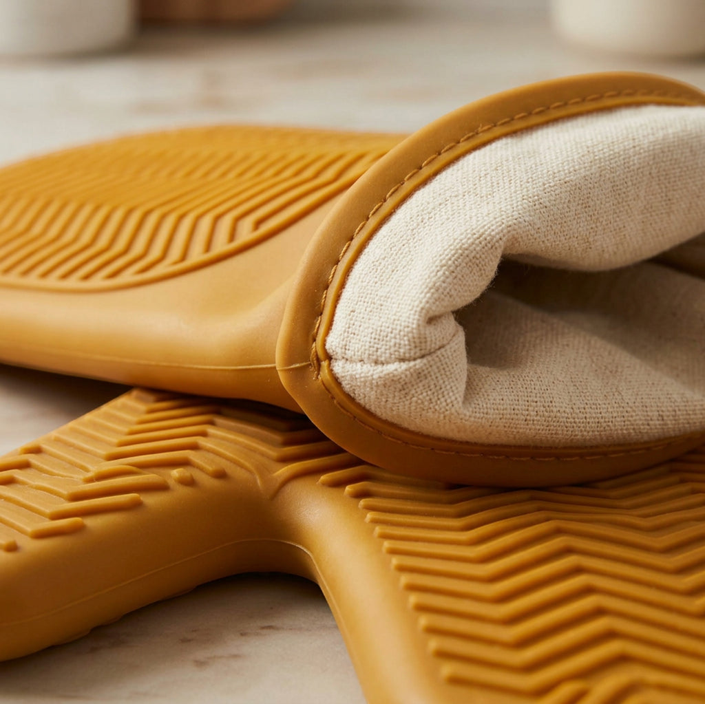 Baskliving Flexclad Silicone Oven Mitts 11 in Ochre Lined Pair - Detail view