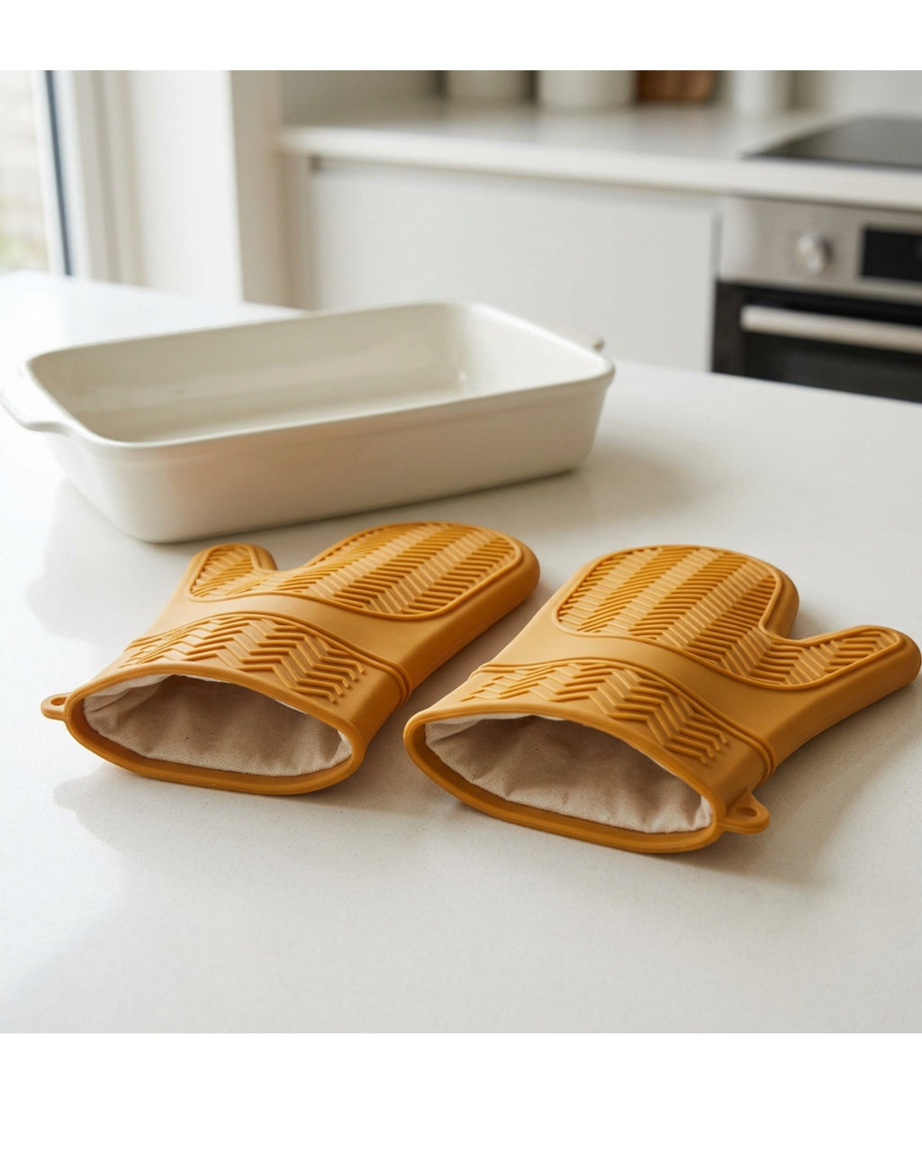 Baskliving Flexclad Silicone Oven Mitts 11 in Ochre Lined Pair - Lifestyle view
