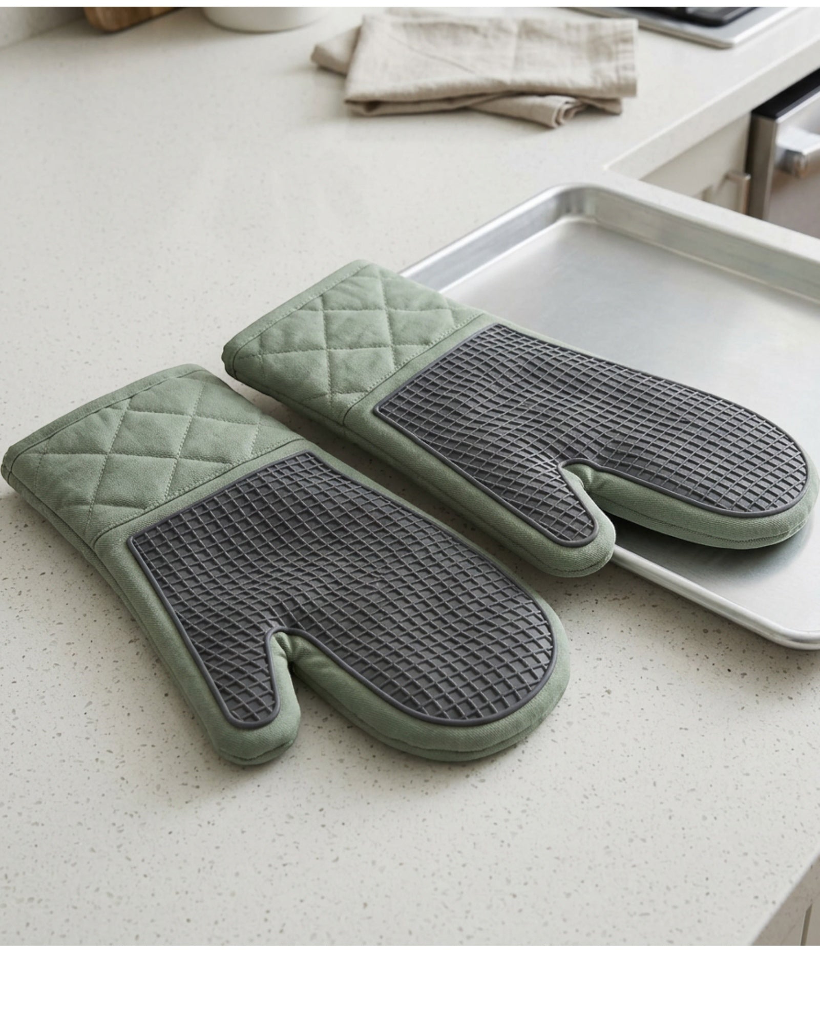 Baskliving Gridleaf Oven Mitts 12.5 in Sage Silicone Palm Pair - Lifestyle view