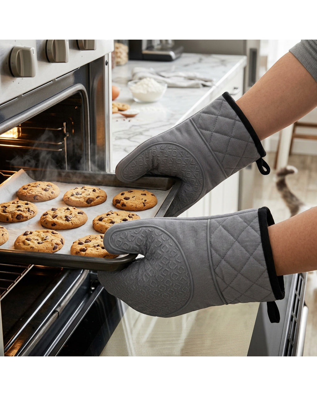 Baskliving Quilted Oven Mitts Silicone Grip Gray Pair