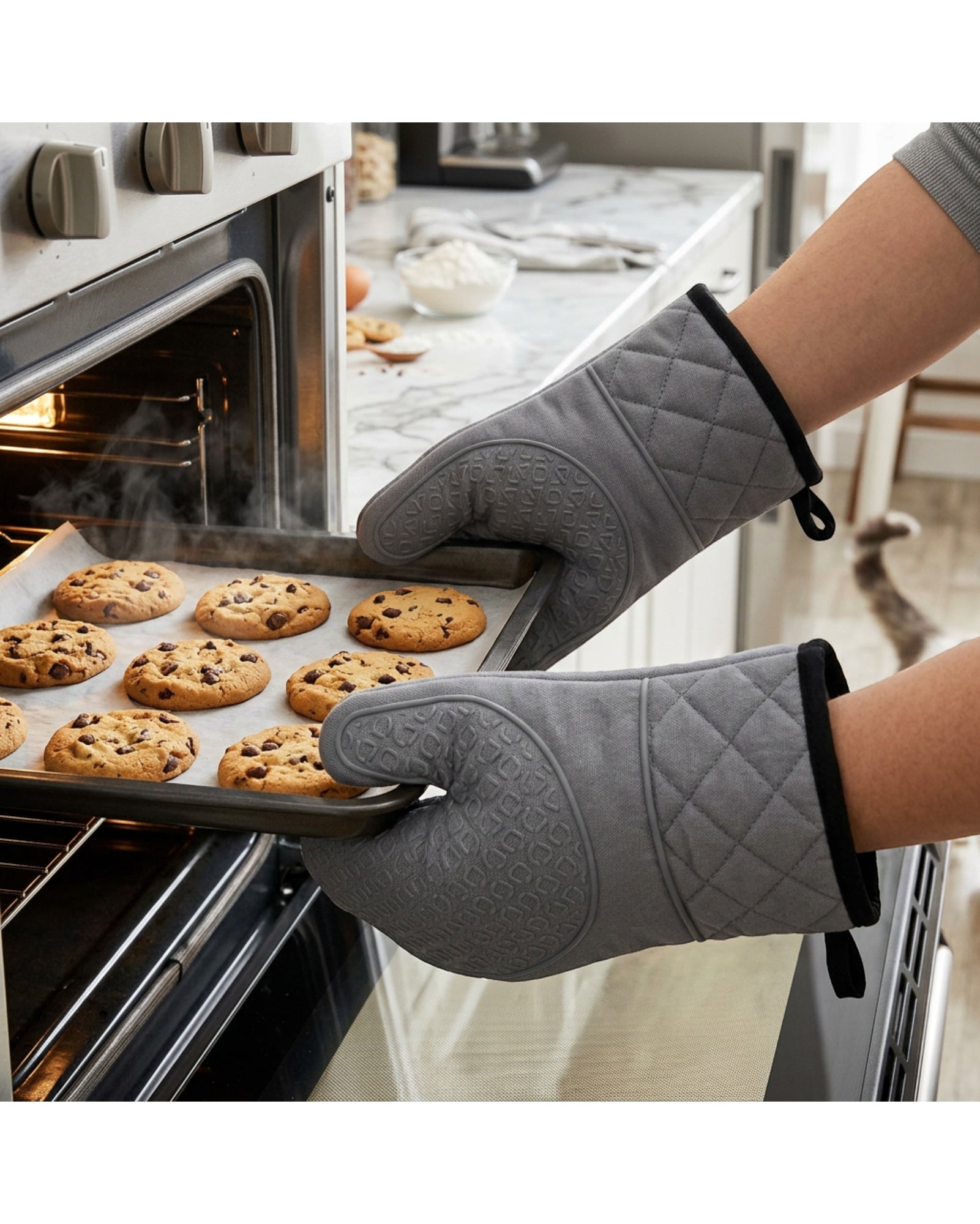 Baskliving Quilted Oven Mitts Silicone Grip Gray Pair