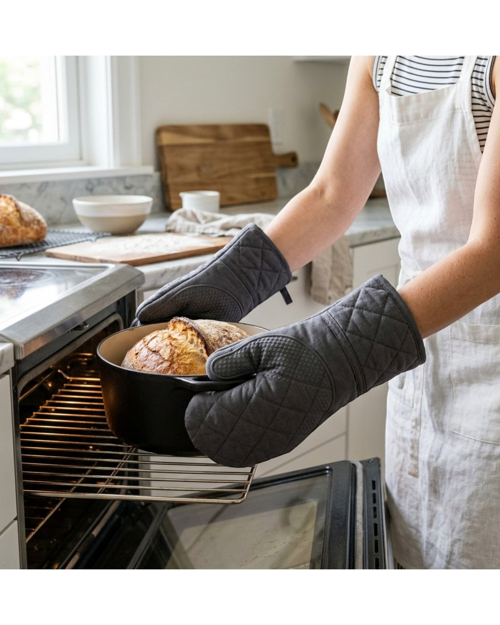 Baskliving Quilted Cotton Oven Mitts with Silicone Grip 2-Pack Gray