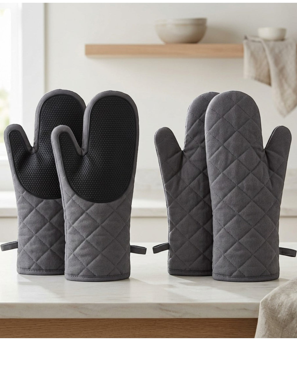 Baskliving Quilted Cotton Oven Mitts with Silicone Grip 2-Pack Gray