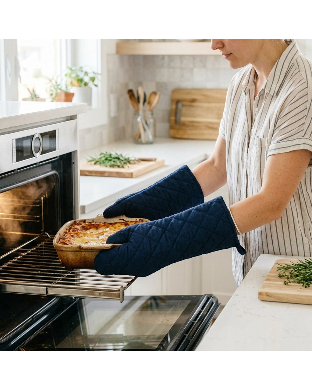 Baskliving Extra Long Oven Mitts Heat Resistant Cotton 15 in Navy