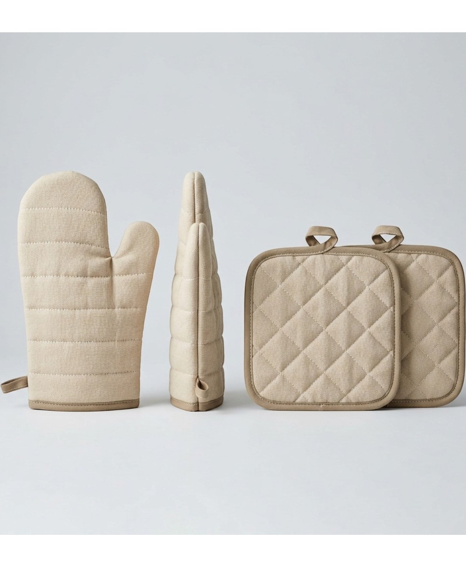 Baskliving Cotton Pot Holder and Oven Mitt Set 4-Piece Beige