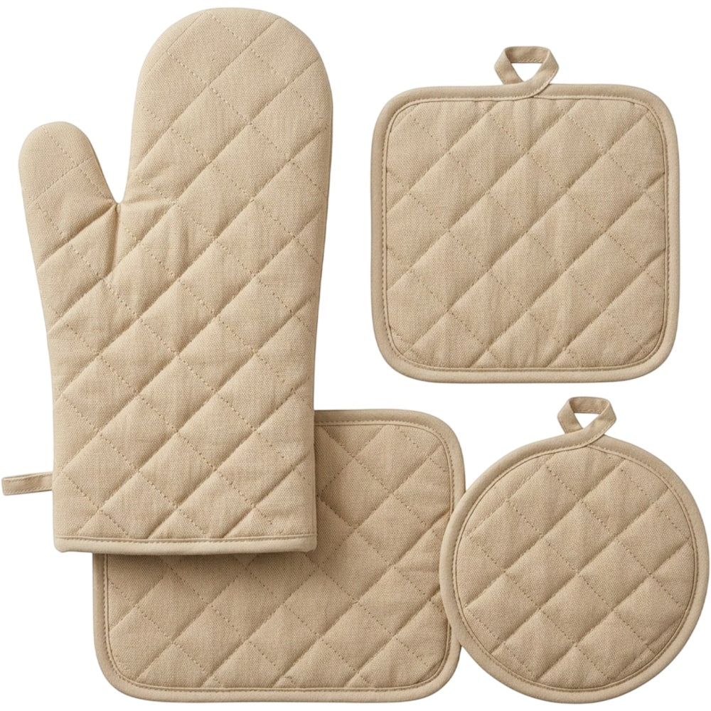 Baskliving Cotton Pot Holder and Oven Mitt Set 4-Piece Beige